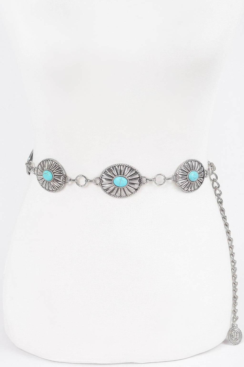 Western chain belt with three turquoise conchos and small circular metal centers
