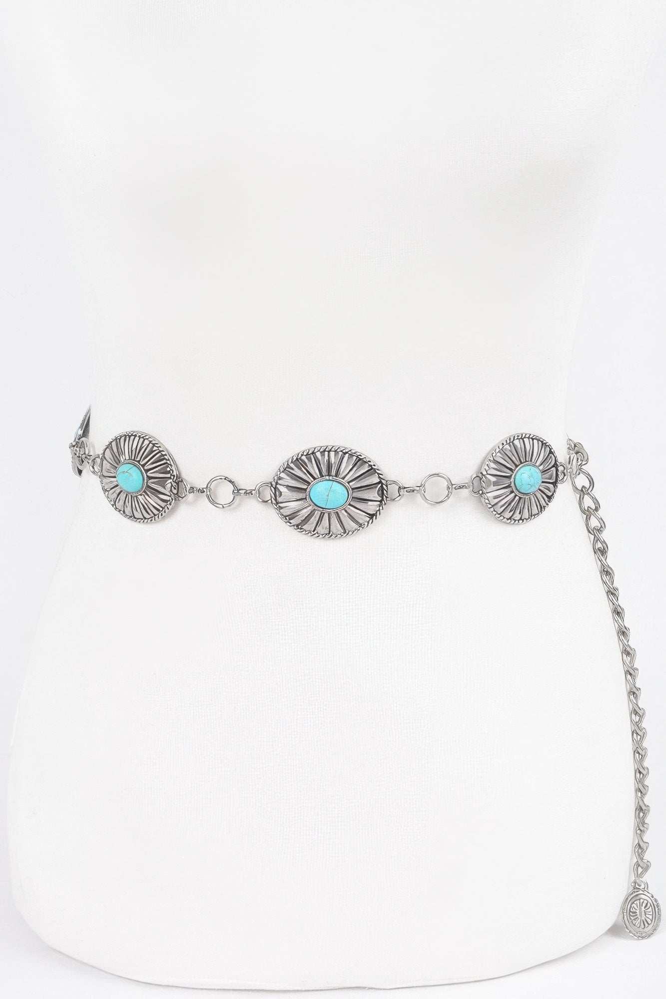 Western chain belt with three turquoise conchos and small circular metal centers