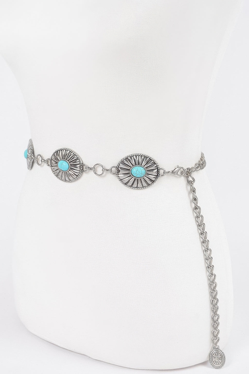 Western chain belt with four turquoise conchos and long dangling end chain