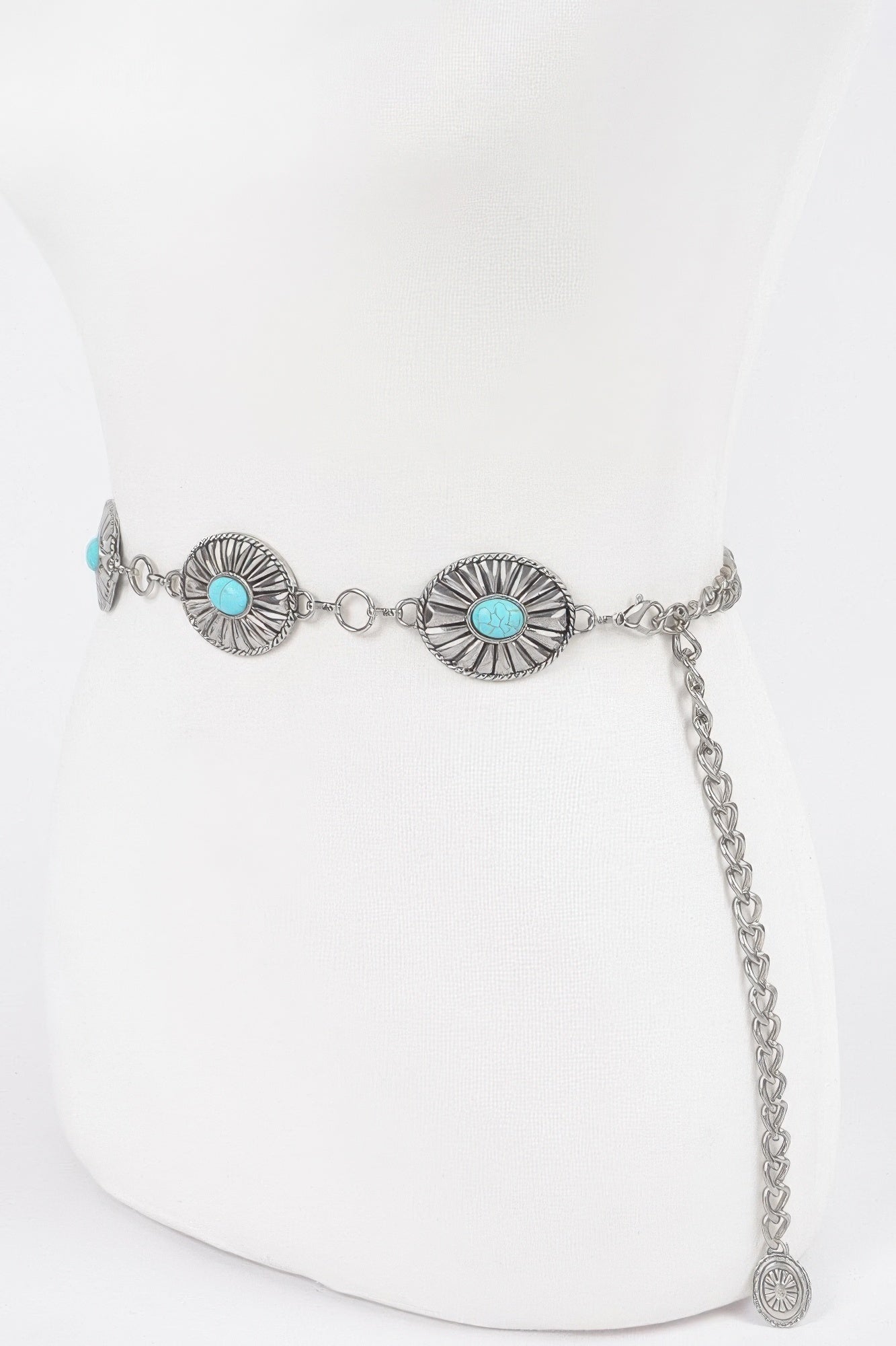 Western chain belt with four turquoise conchos and long dangling end chain