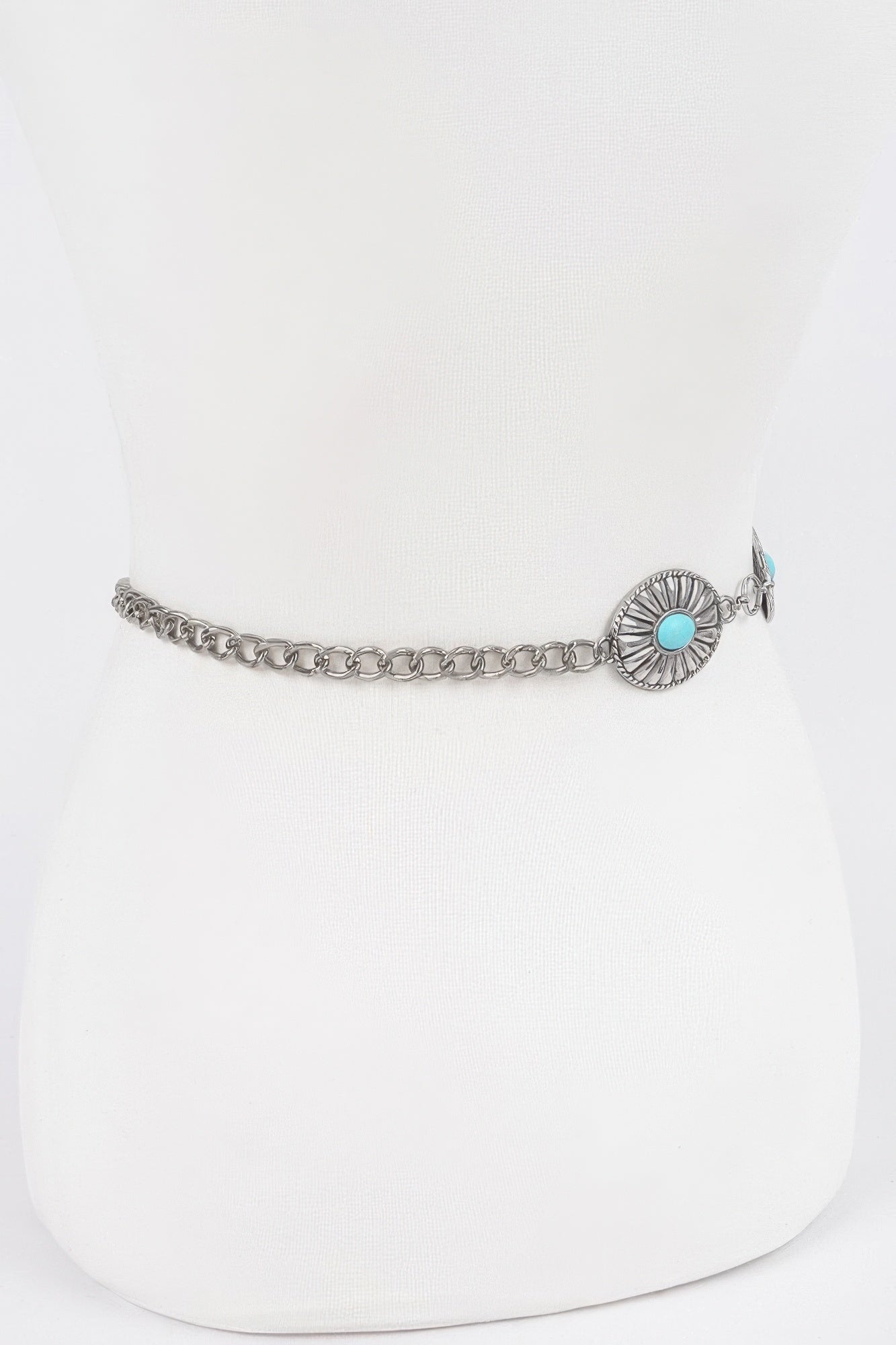 Thin antique silver chain belt with single turquoise concho at the side