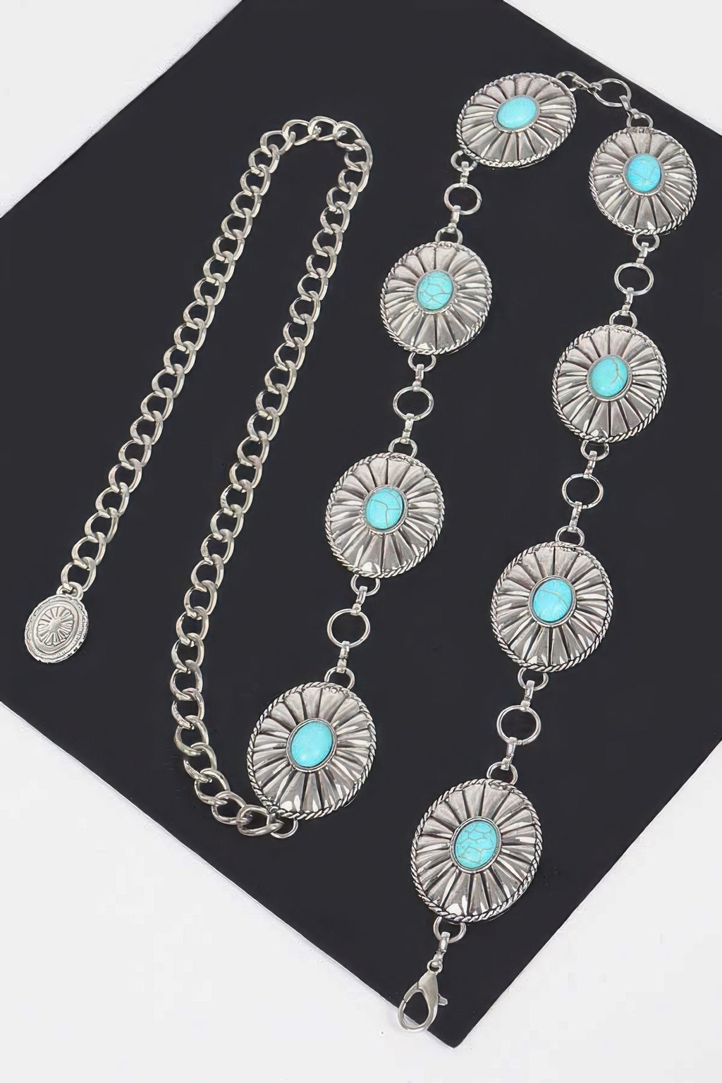 Antique silver western chain belt with round turquoise concho discs and link rows