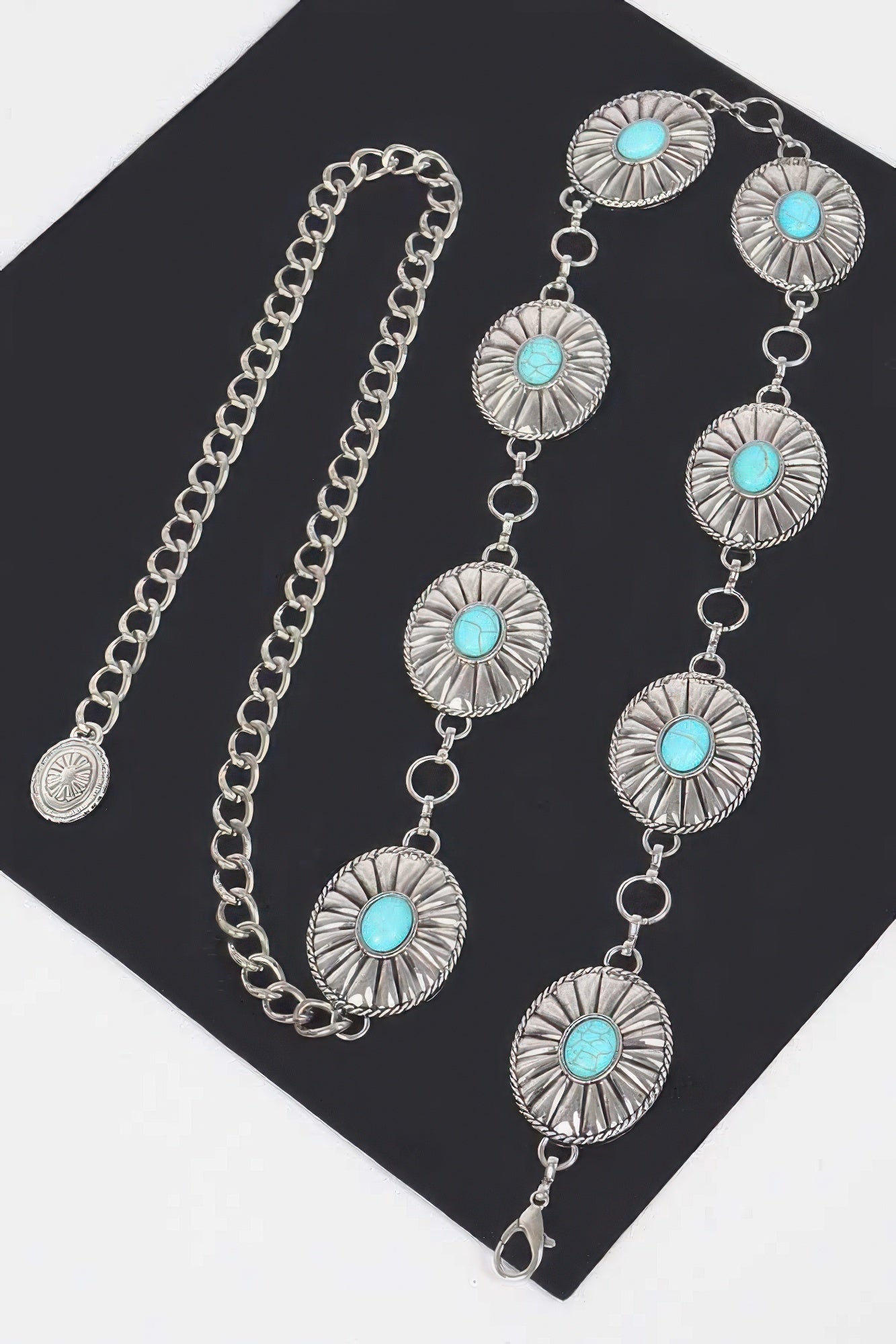 Antique silver western chain belt with round turquoise concho discs and link rows