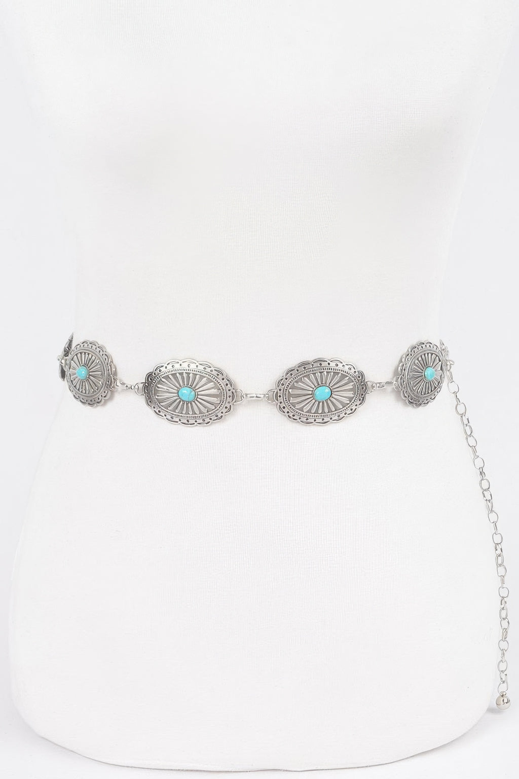 Western metal chain belt in antique silver with turquoise oval medallions