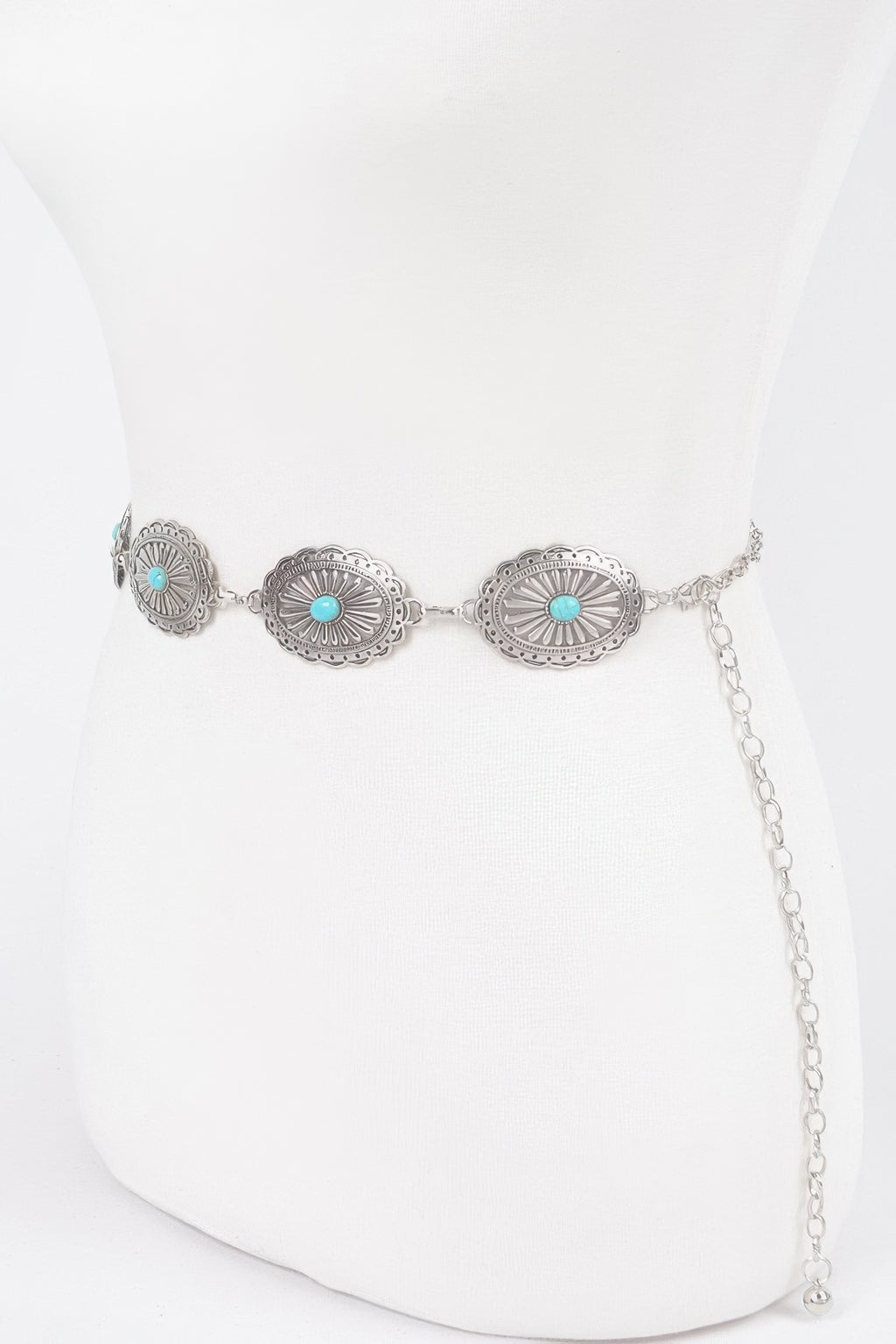 Antique silver western chain belt with three turquoise center conchos and links