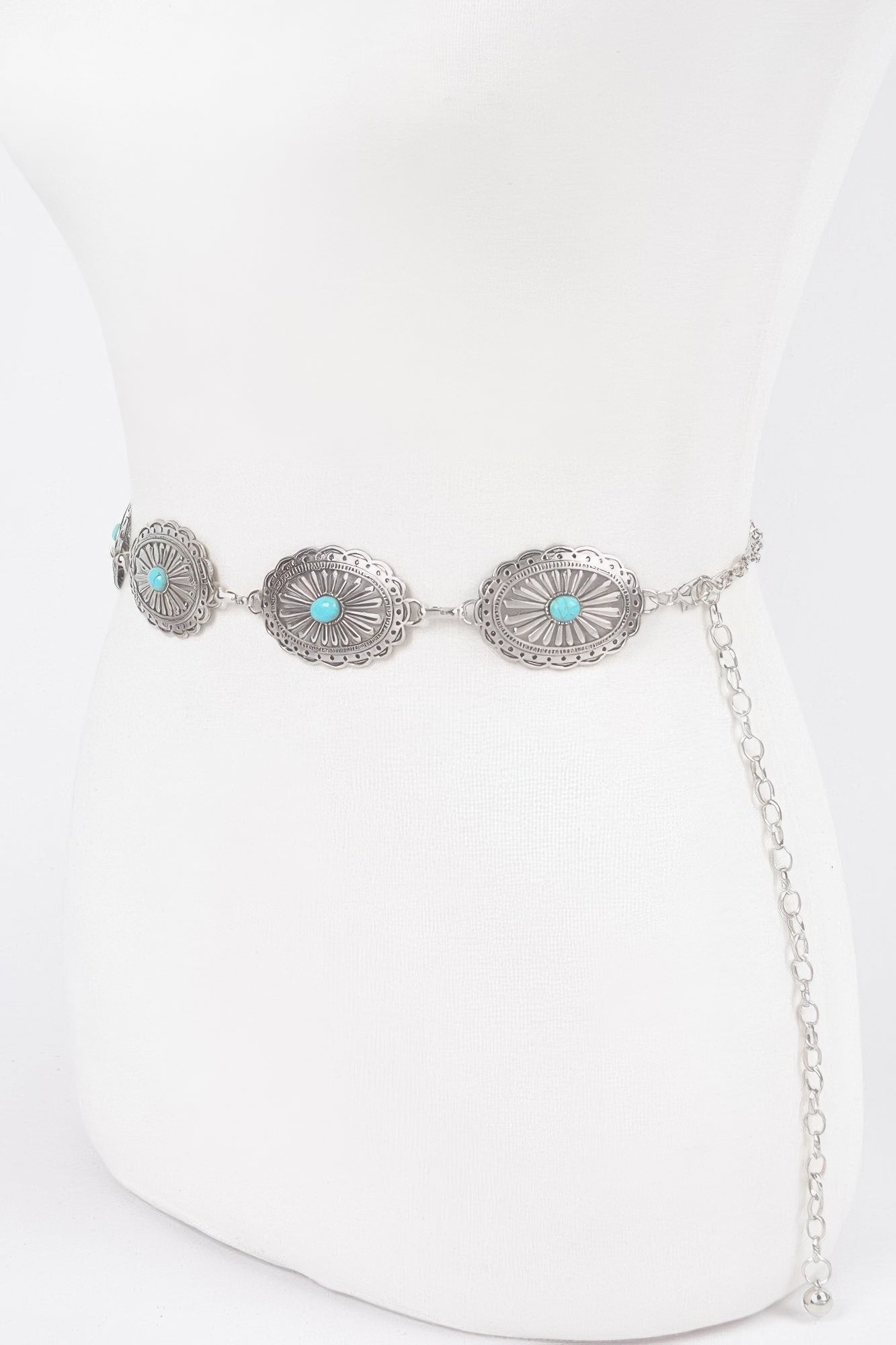 Antique silver western chain belt with three turquoise center conchos and links