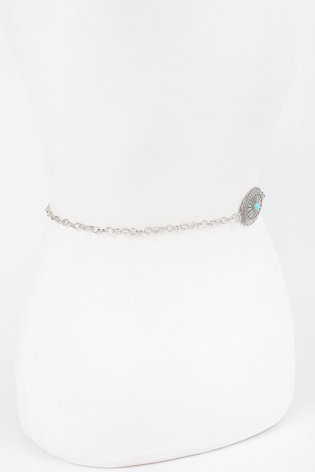 Antique silver chain belt with a single turquoise concho and dangling end