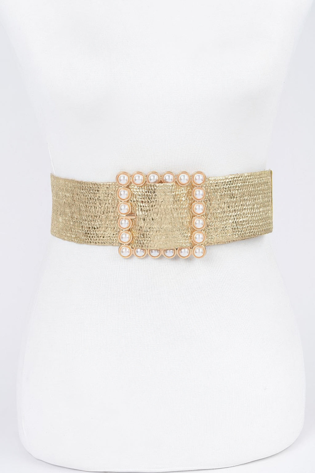 Wide gold elastic belt with square pearl buckle