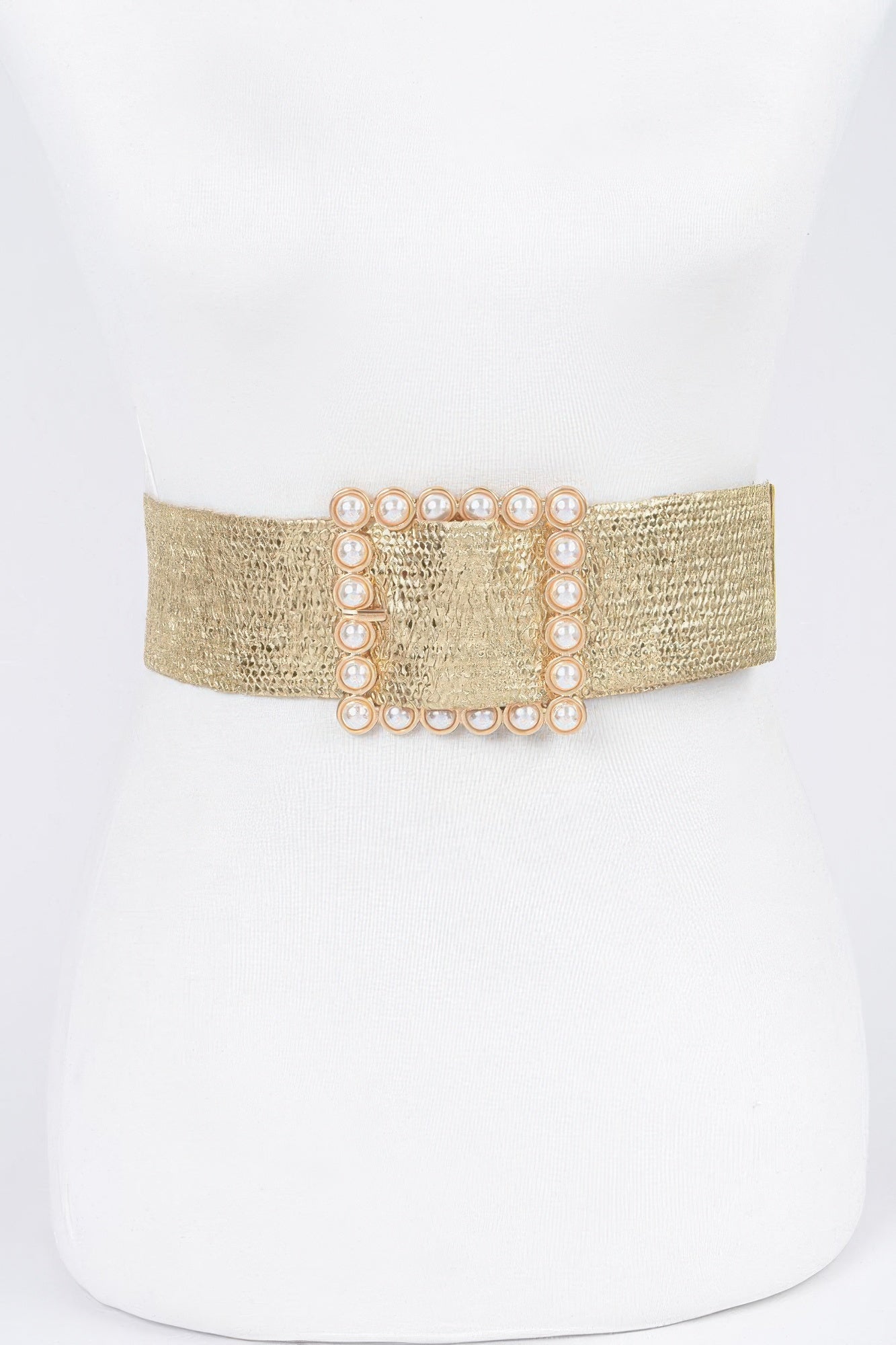 Wide gold elastic belt with square pearl buckle