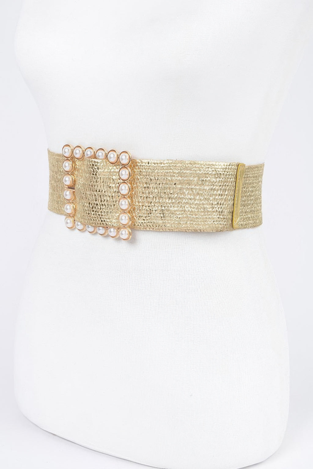 Gold wide elastic belt with pearl square buckle, side view