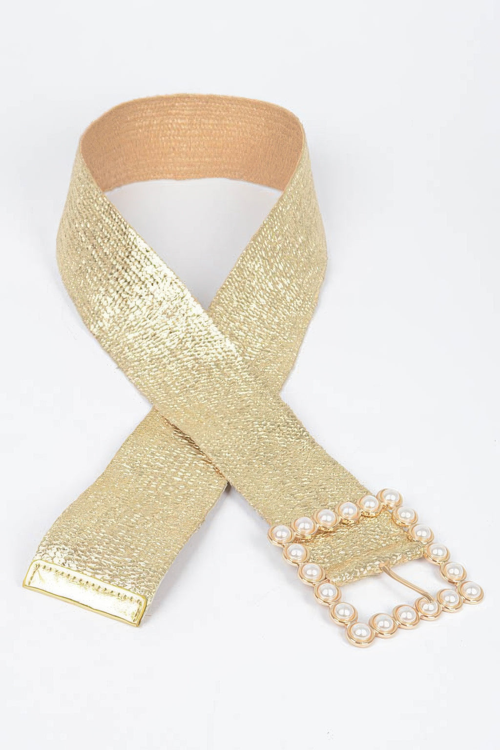 Gold wide belt tie style with pearl buckle and dangling pearls
