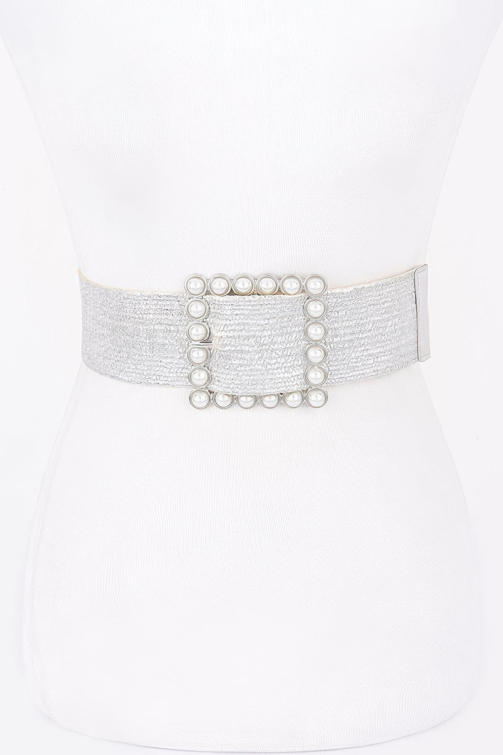 Wide silver elastic belt with round-pearl square buckle