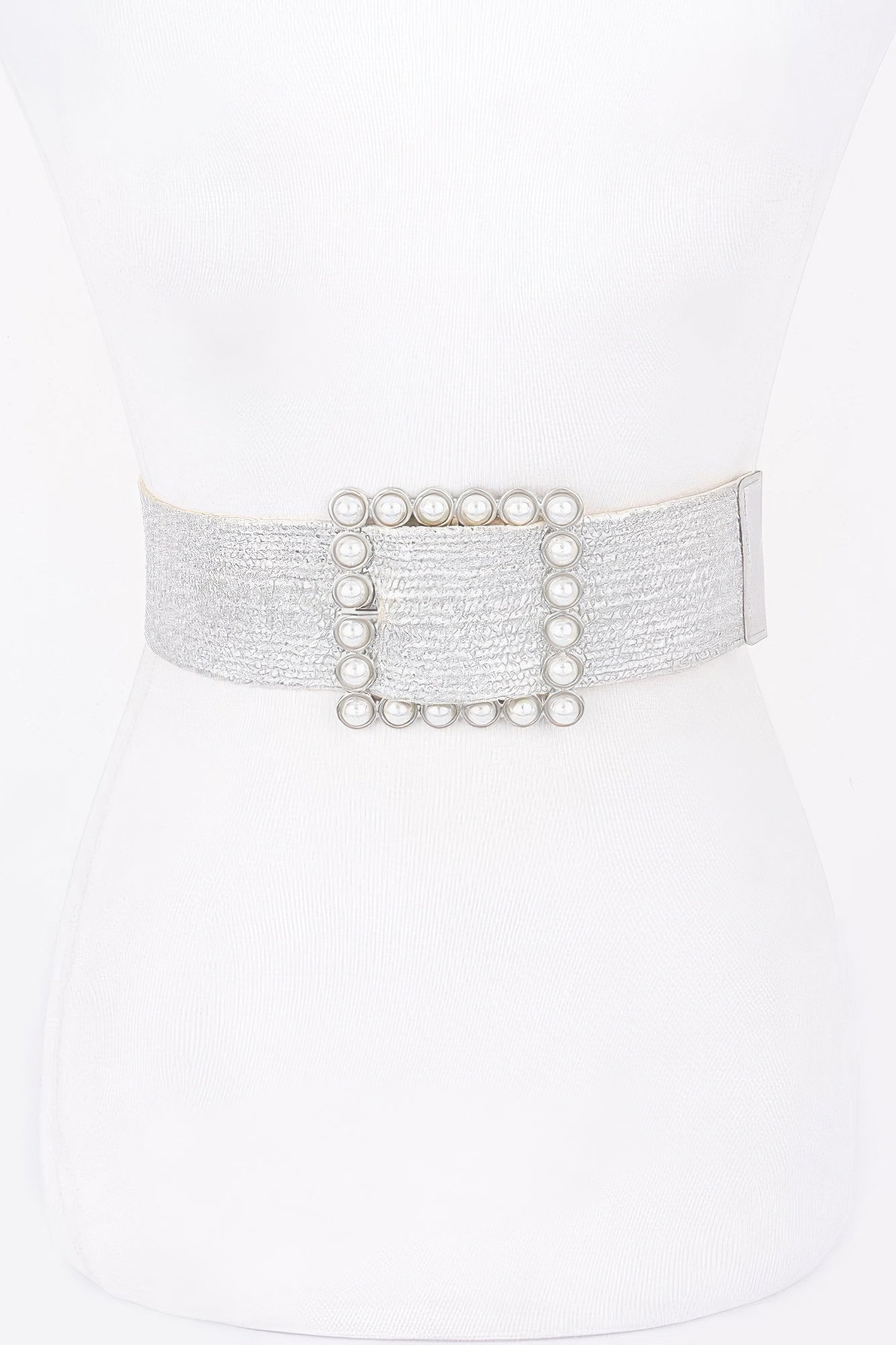 Wide silver elastic belt with round-pearl square buckle