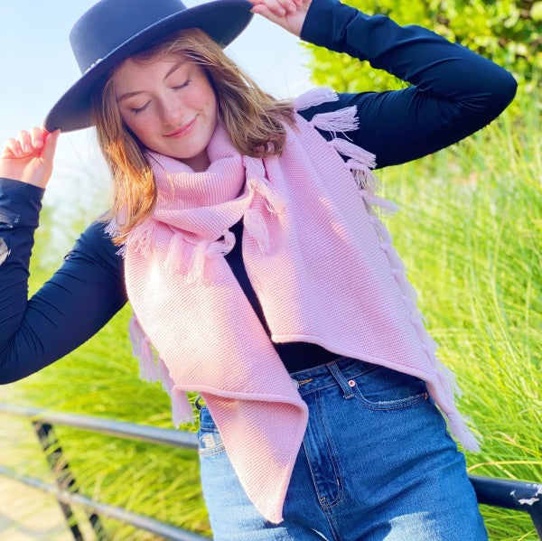 Pink fringed blanket scarf knit weave with tassel fringe on the side