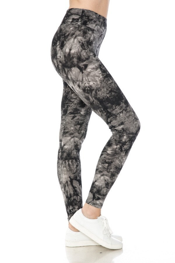 Side view: high-waist leggings with gray-and-black tie-dye print