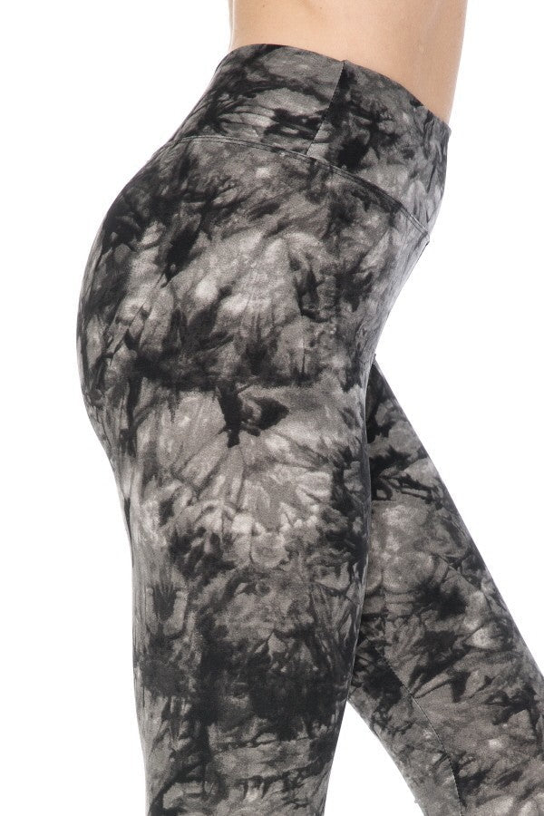 High-waist yoga leggings, gray-and-black tie-dye pattern, ankle length