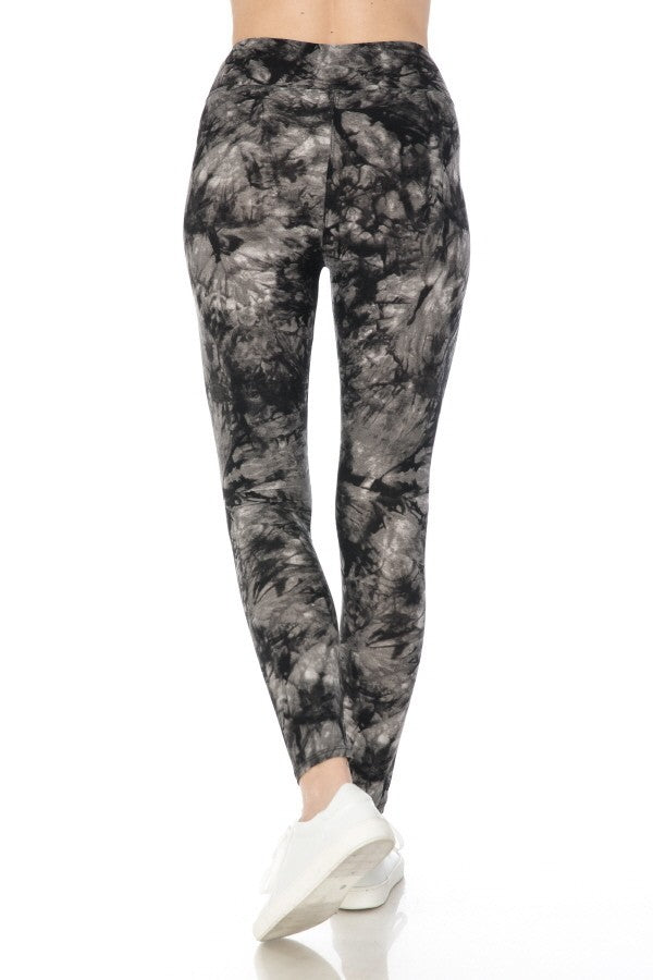 Back view: high-waist leggings with gray-and-black tie-dye print, full length