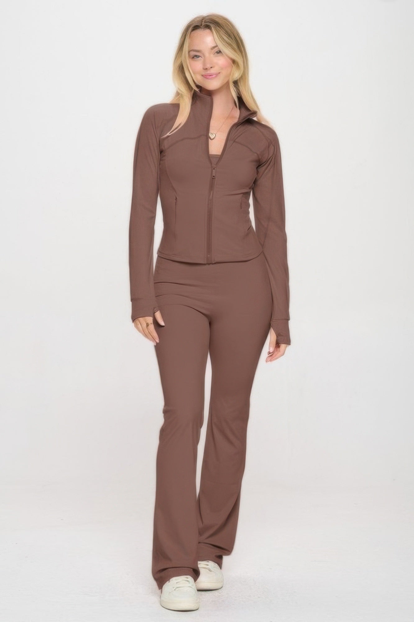 Brown yoga jacket and matching pants set, full-zip front and long sleeves