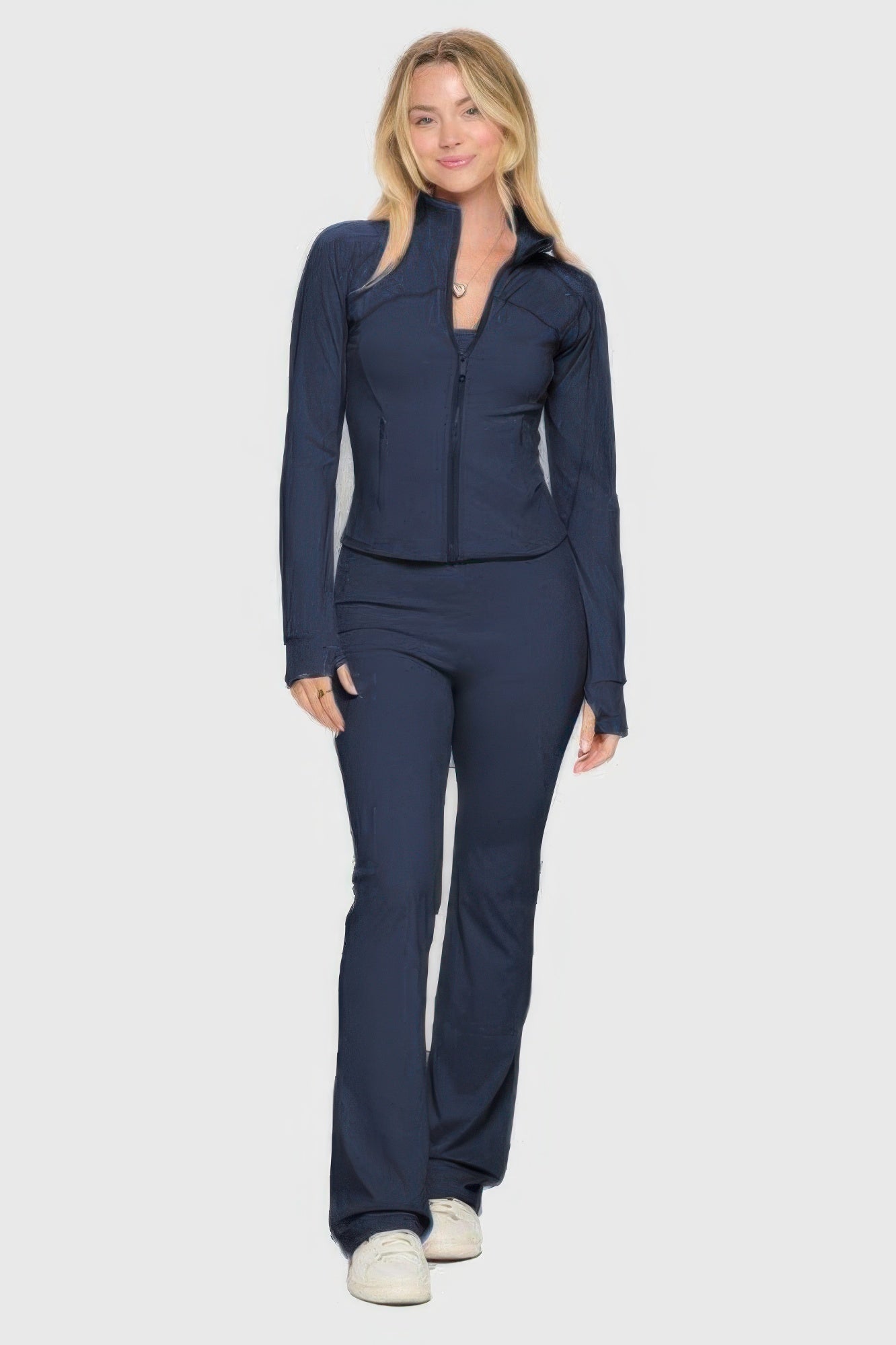Navy yoga set: zip-up jacket and matching flared jumpsuit pants