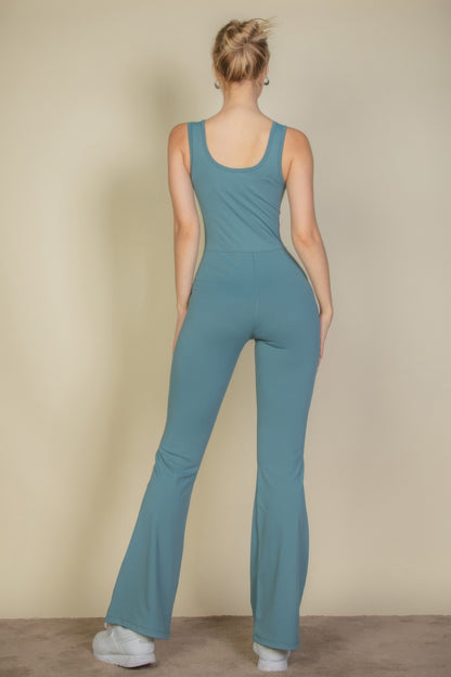 Solid Flare Leg Sports Jumpsuit - Tigbul's Variety Fashion Shop