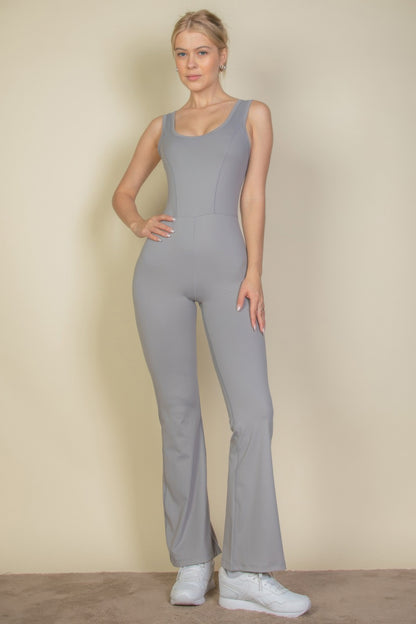 Solid Flare Leg Sports Jumpsuit - Tigbul's Variety Fashion Shop