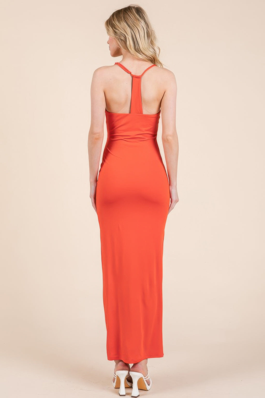 Back view: Good Red double-layer maxi dress with open-back straps and ruched waist.