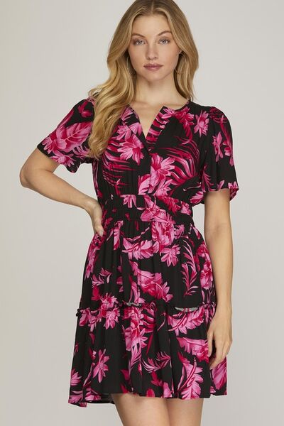 Black Printed Notched Short Sleeve Frill Tiered Dress - Tigbul's Variety Fashion Shop