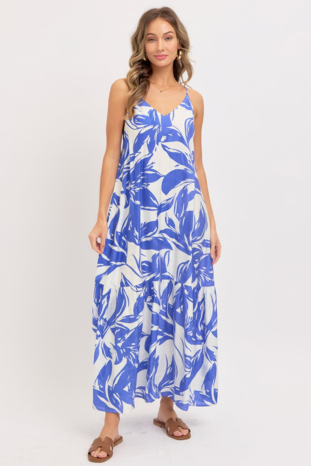 Blue floral maxi sundress with layered skirt and thin shoulder straps