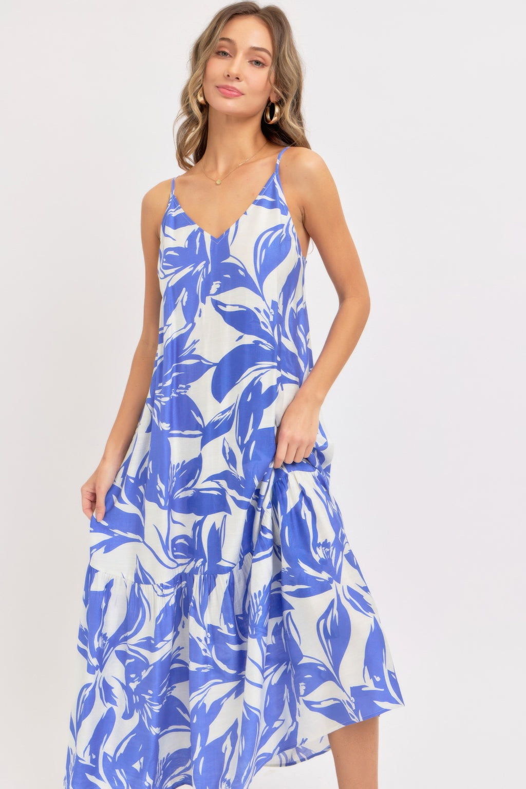 Blue and white floral tiered maxi sundress with V-neck spaghetti straps