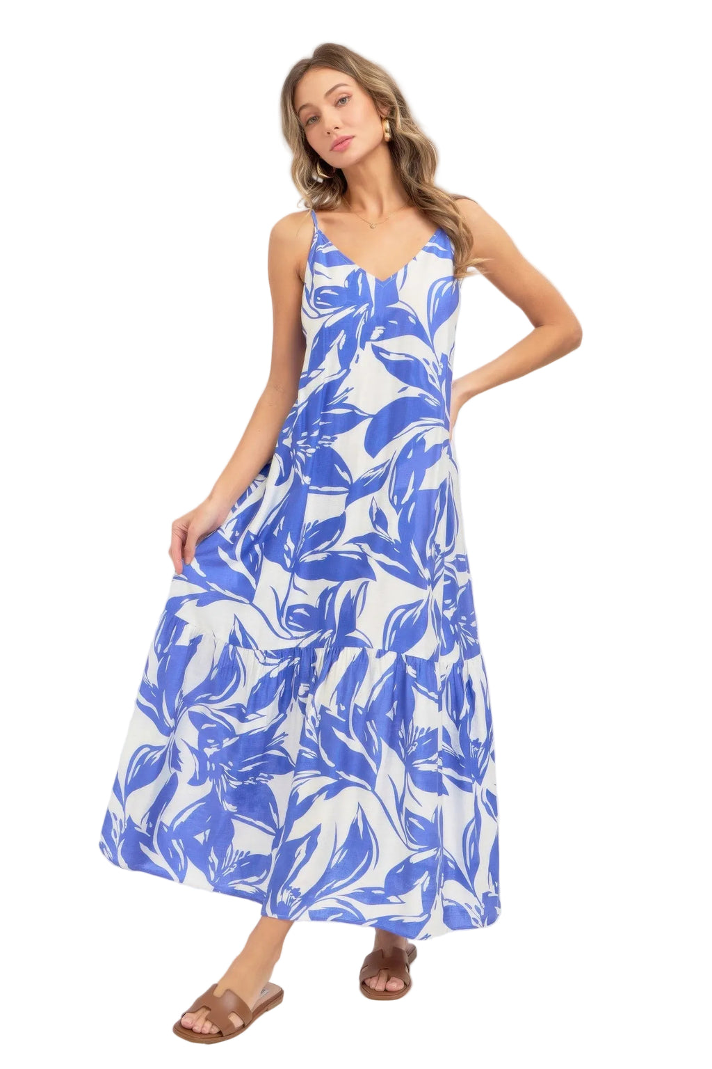 Blue floral maxi sundress with V-neck and thin straps