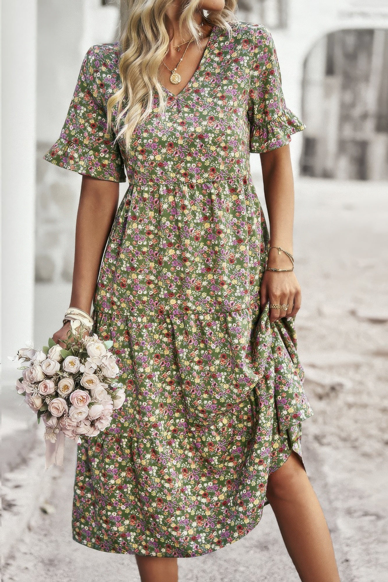 Boho Floral Ruffle Hem V Neck Short Sleeve Dress - Tigbul's Variety Fashion Shop