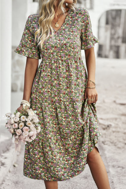 Boho Floral Ruffle Hem V Neck Short Sleeve Dress - Tigbul's Variety Fashion Shop