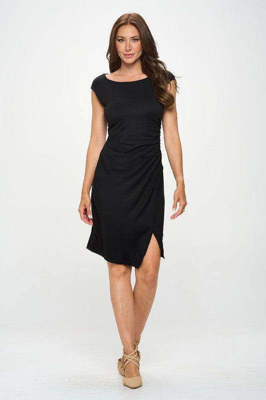 Brushed Knit Short Sleeve Bodycon Dress with Slit - Tigbul's Variety Fashion Shop