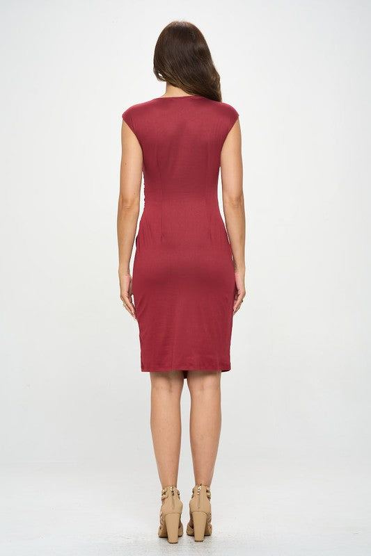 Back view: burgundy short-sleeve bodycon knit dress with front slit