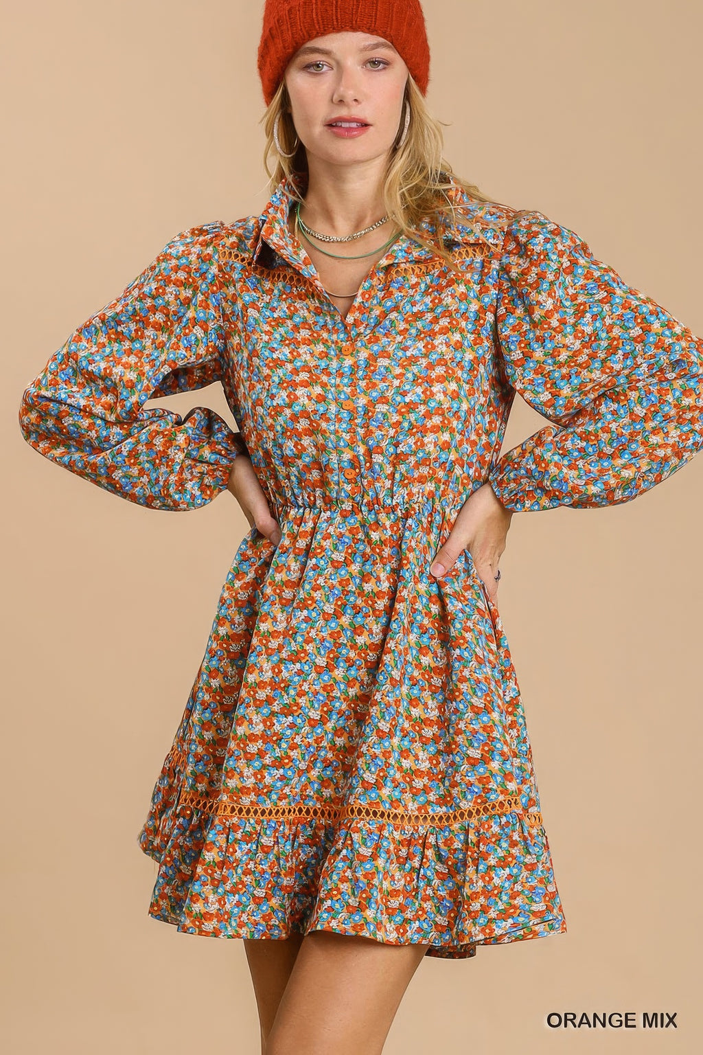 Orange floral collared button-down mini dress with long sleeves and crochet-trim detail