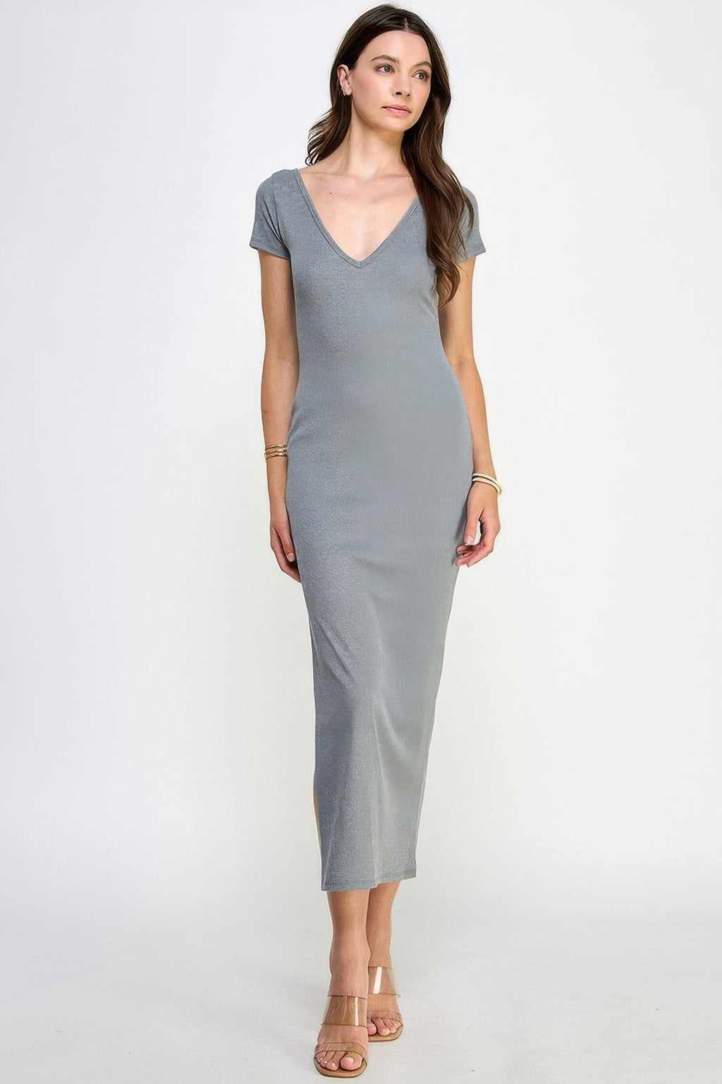 Light heather charcoal ribbed maxi dress with double V-neck, short sleeves, fitted