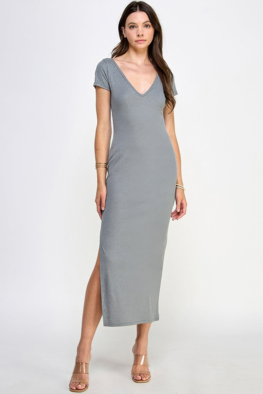 Light heather charcoal ribbed maxi dress with double V-neck, short sleeves, side slit
