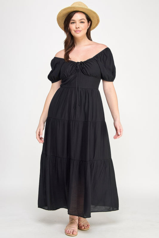 Front Tie Puff Sleeve Black Tired Maxi Dress - Tigbul's Variety Fashion Shop