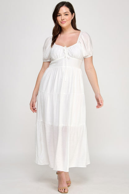Front Tie Puff Sleeve Tired White Maxi Dress - Tigbul's Variety Fashion Shop