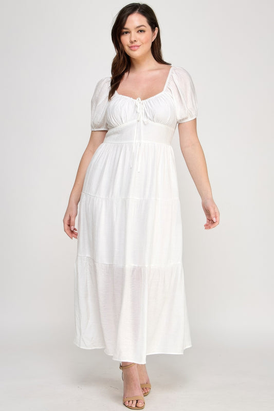 Front Tie Puff Sleeve Tired White Maxi Dress - Tigbul's Variety Fashion Shop