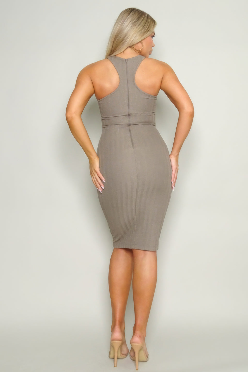 Back view: Pebble knit midi dress with racerback and fitted waist seam