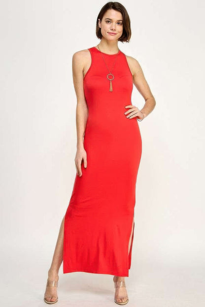 High Neck Maxi Dress with a Side Slit - Tigbul's Variety Fashion Shop