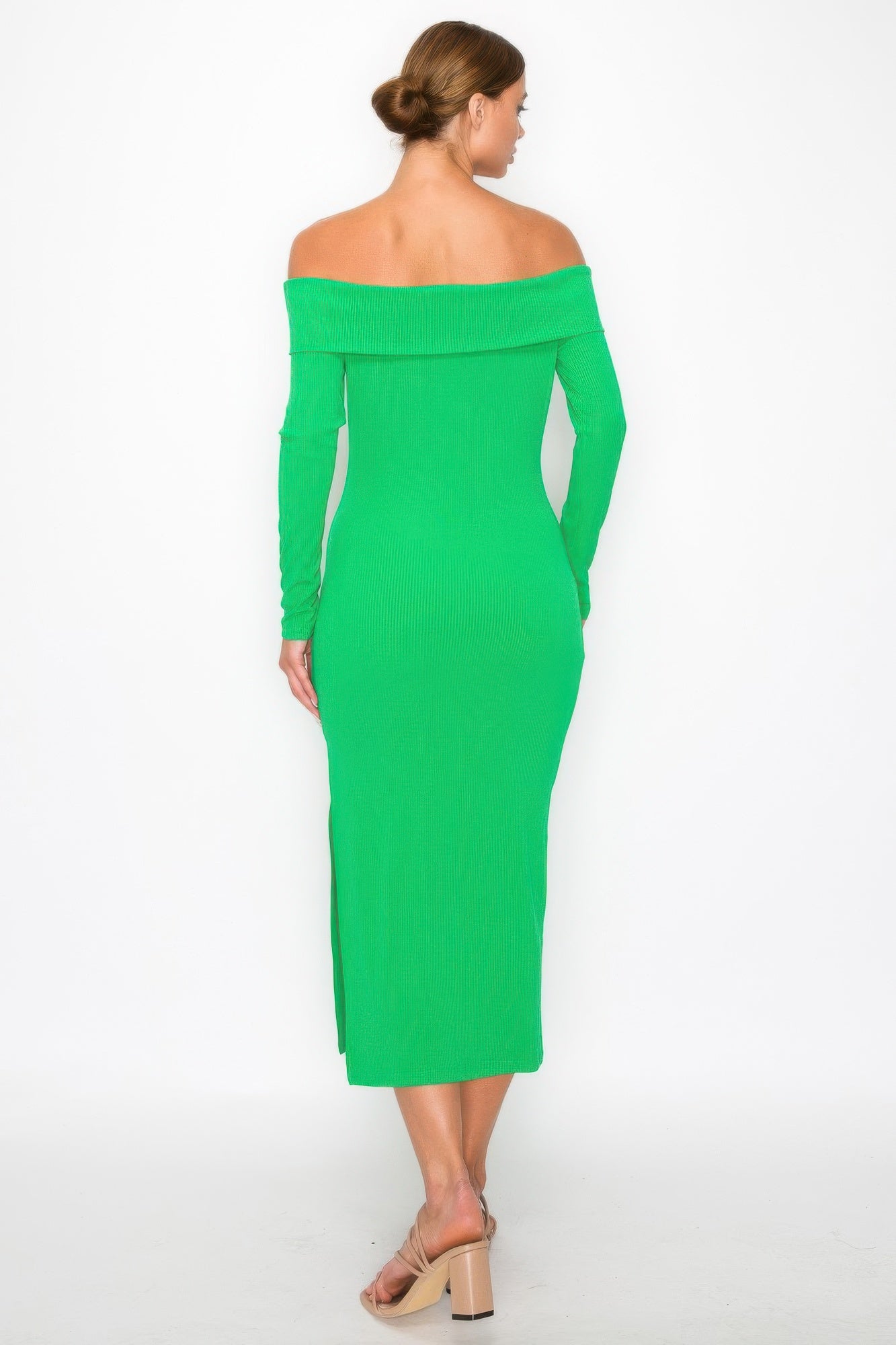 Green off-shoulder ribbed midi dress, back view with long sleeves