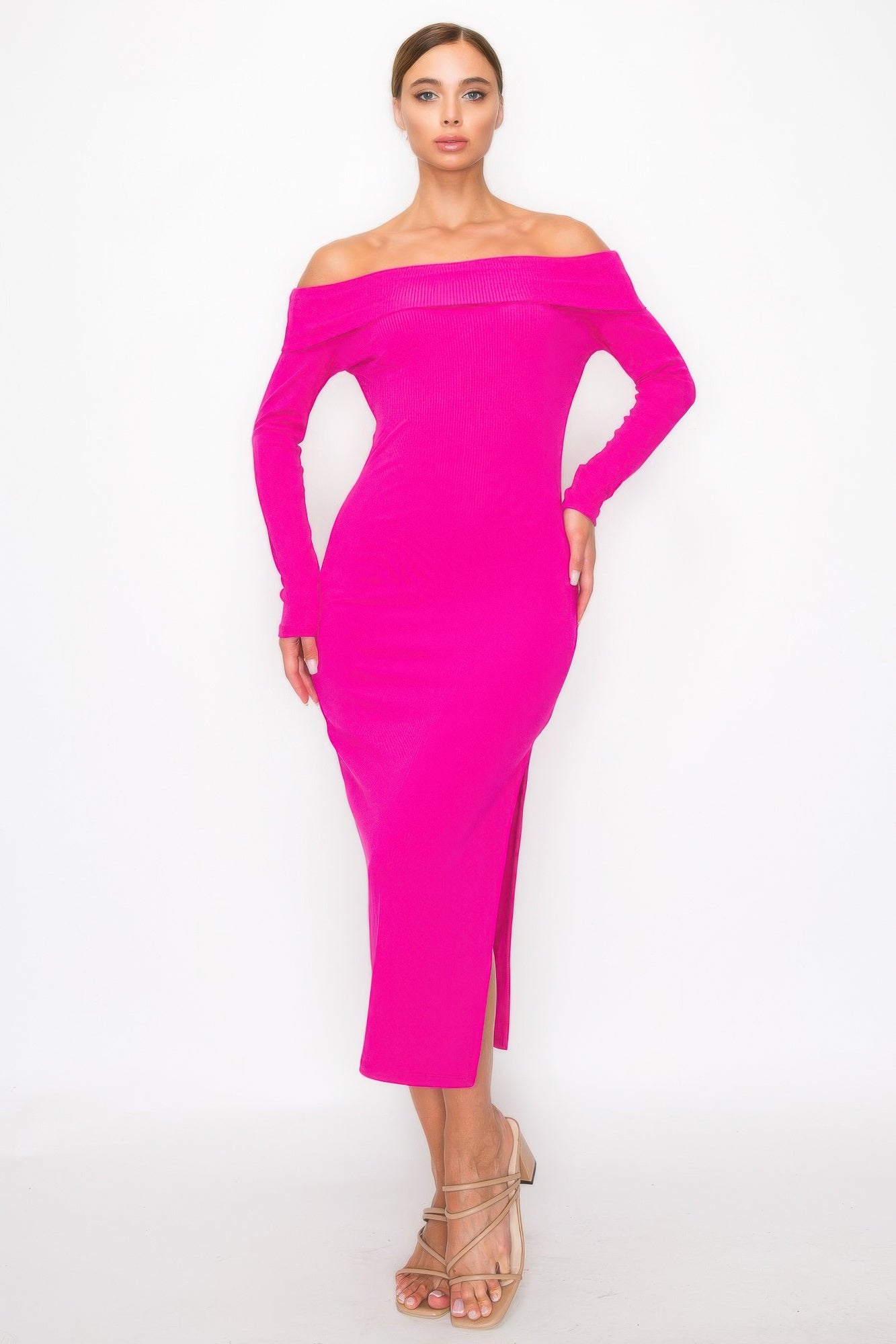 Fuchsia off-shoulder ribbed midi dress with long sleeves and side slit