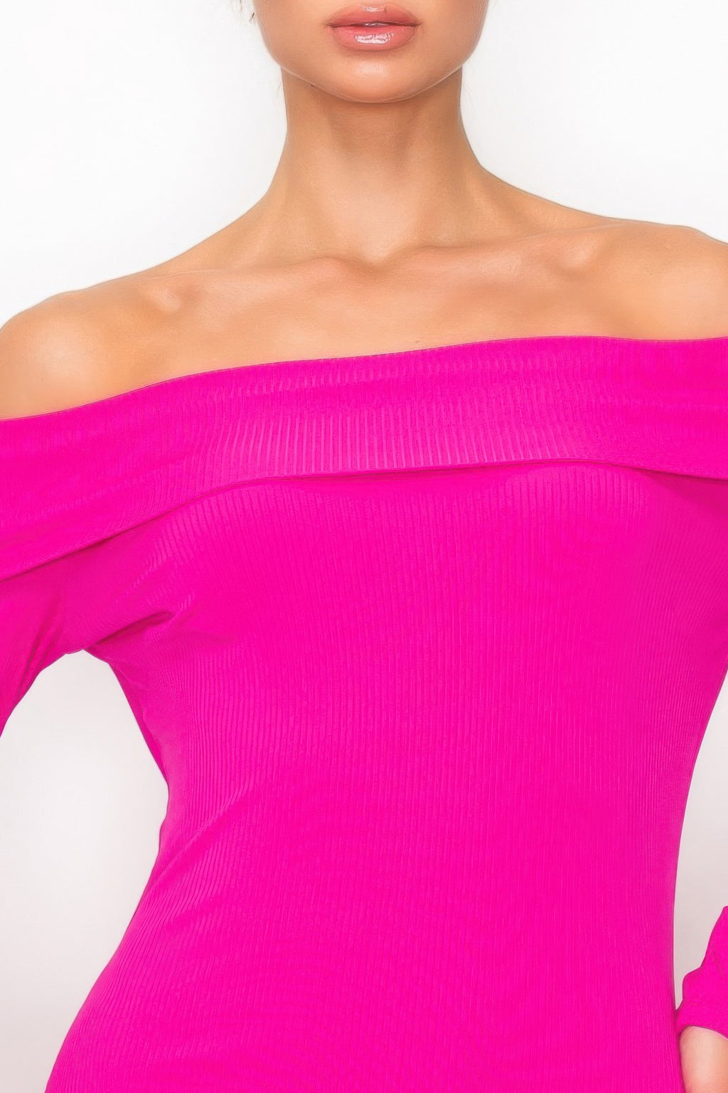 Fuchsia off-shoulder ribbed midi dress close-up of textured neckline and bodice
