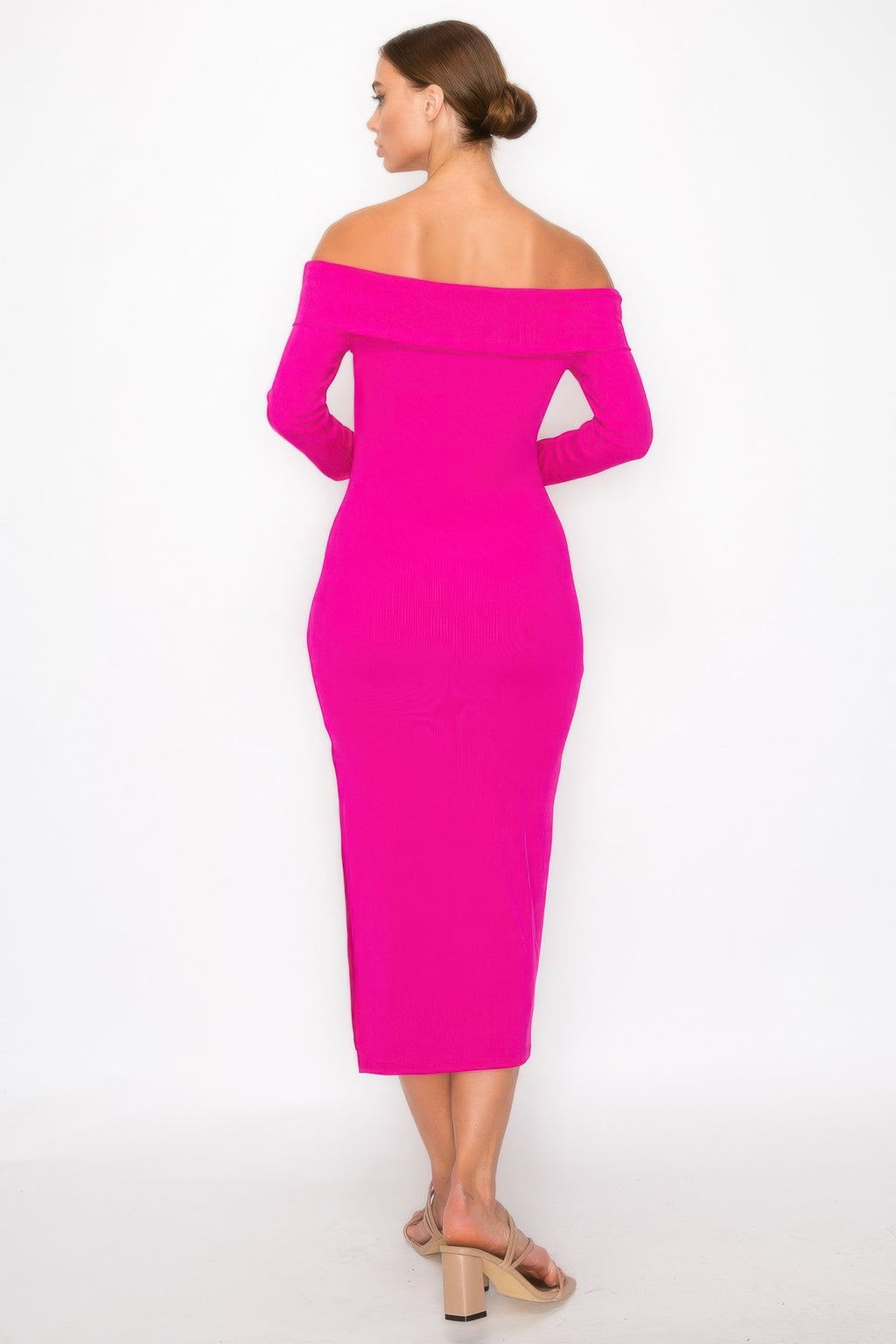 Fuchsia off-shoulder ribbed midi dress, back view with long sleeves