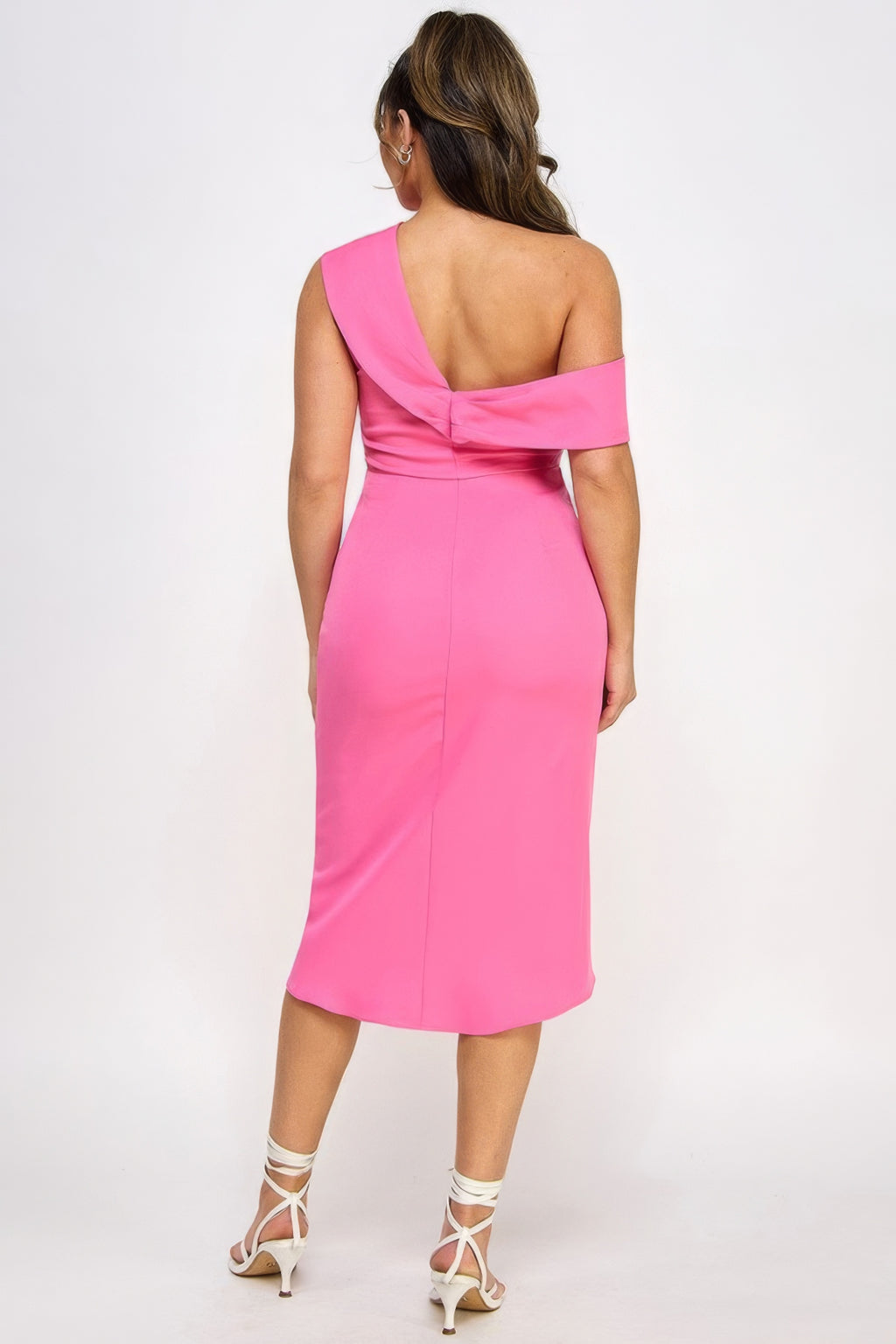 Back view: bright pink off-shoulder midi dress with open back and tulip cut