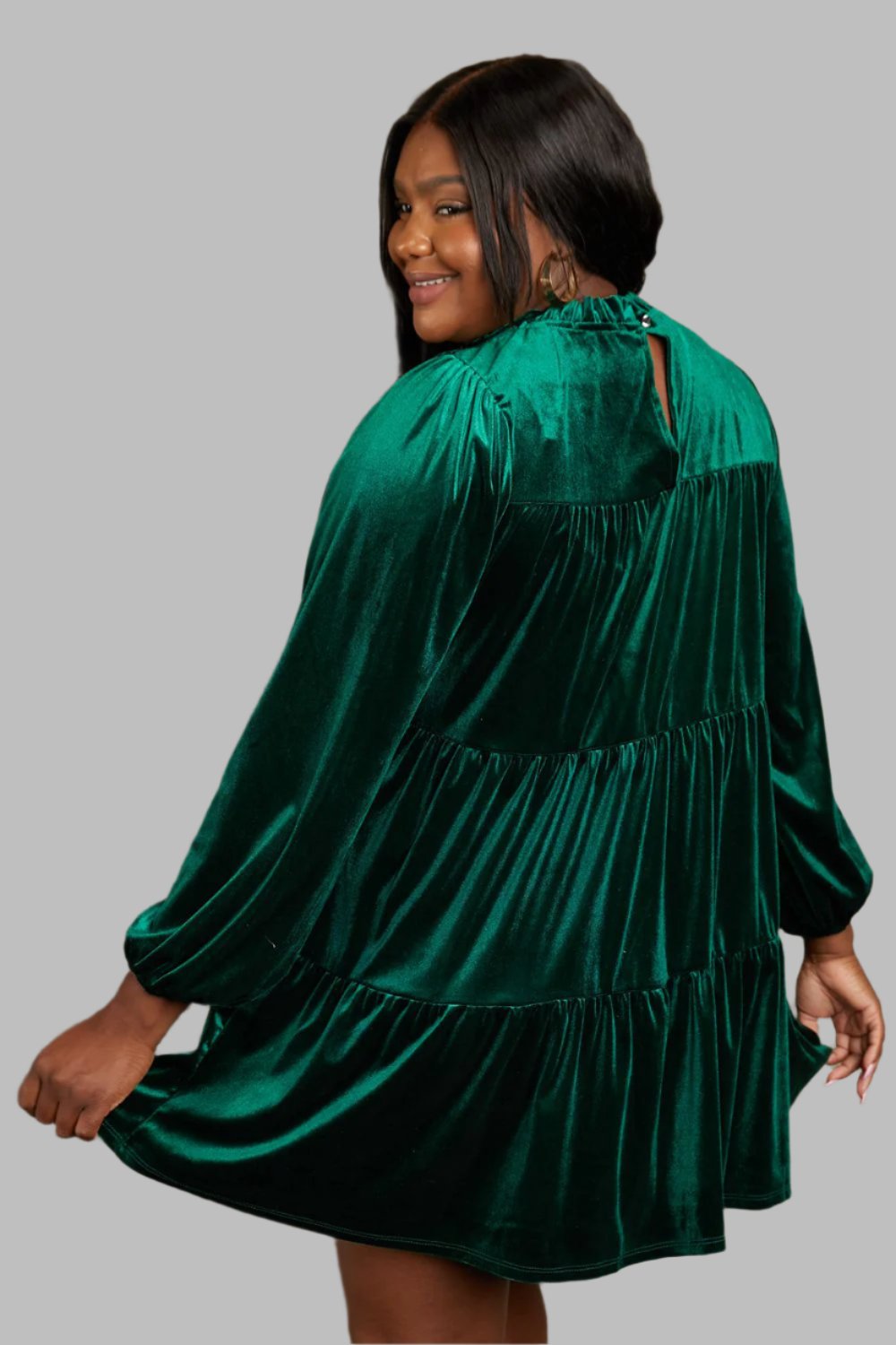Dark green velvet tiered mini dress, back view, long sleeves and ruffled yoke, 1XL