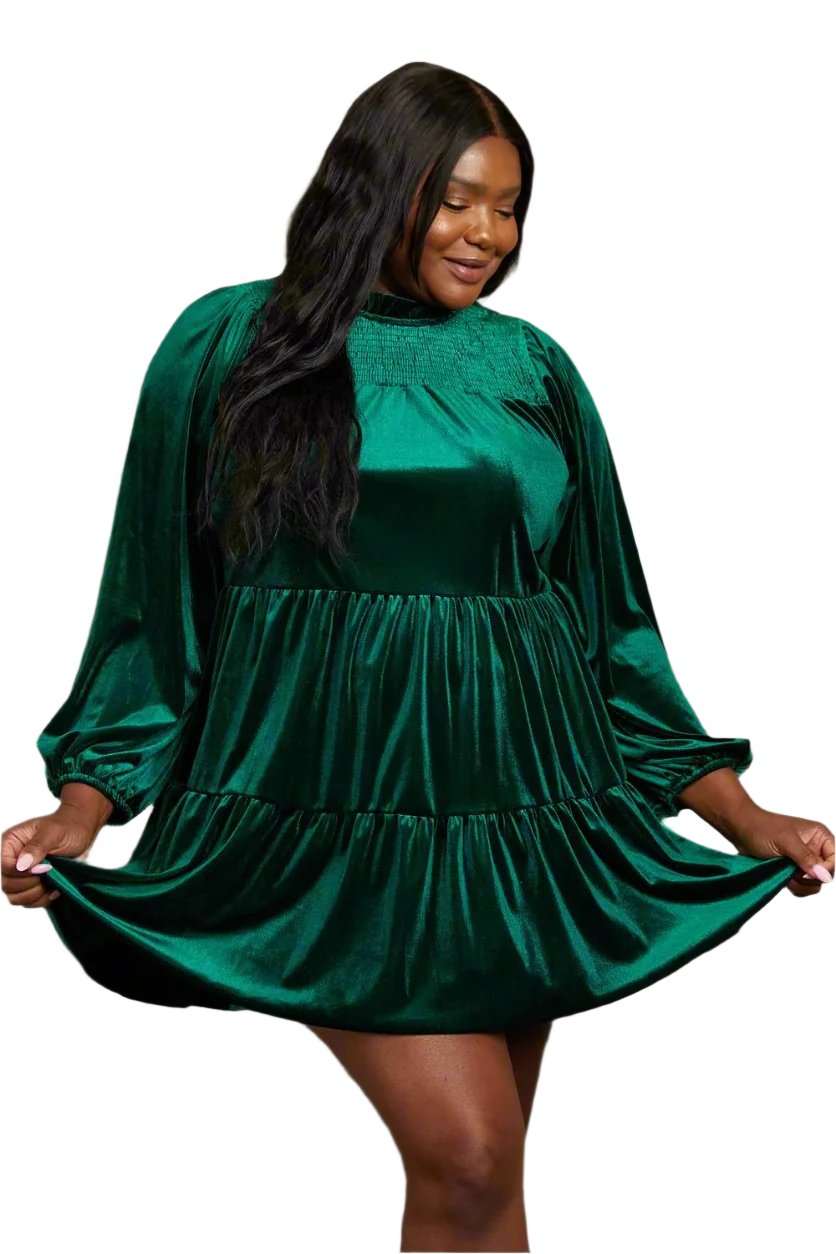 Dark green velvet tiered mini dress with puff sleeves and gathered skirt, plus size 1XL