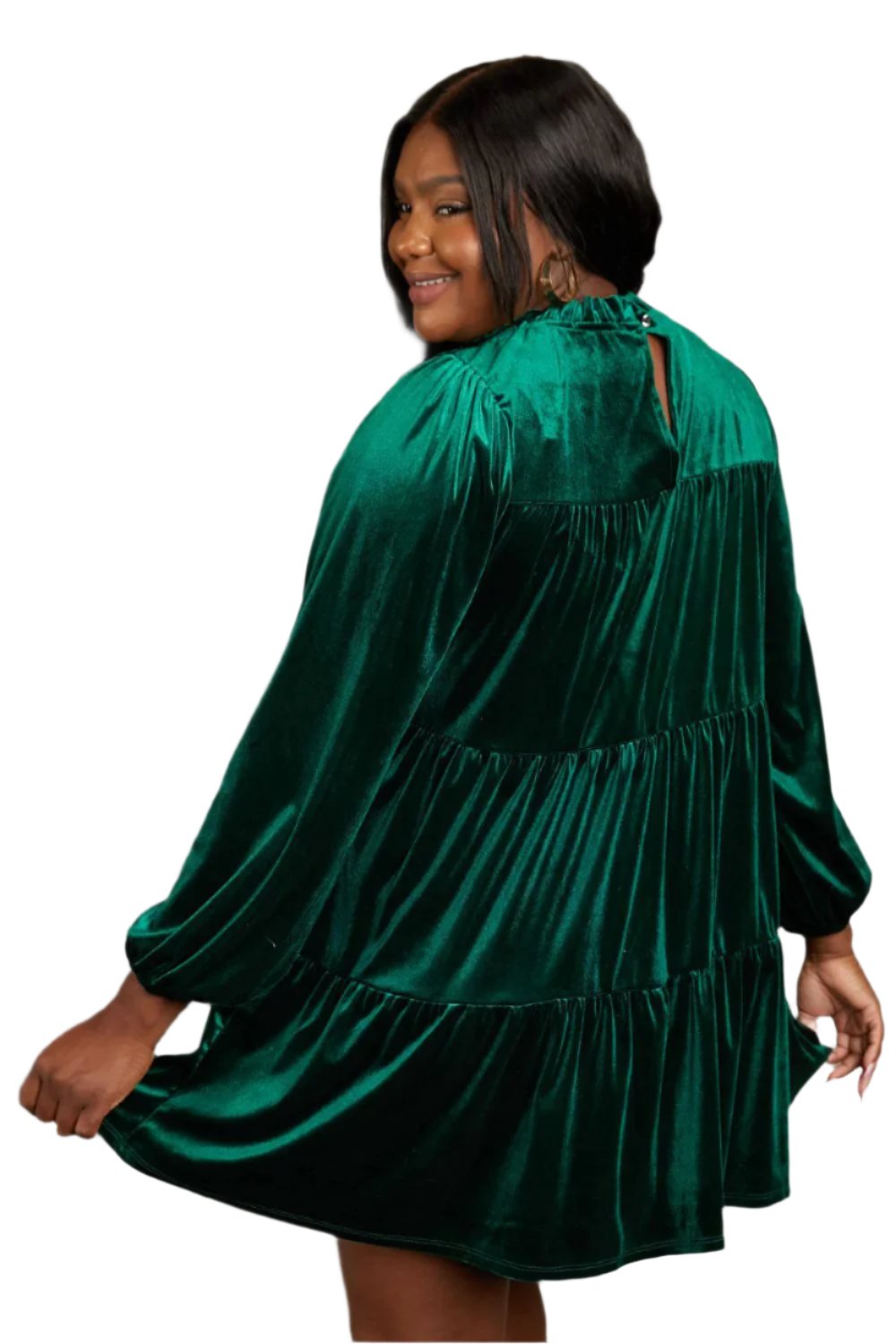 Dark green velvet tiered mini dress back view, long loose sleeves, plus size 1XL